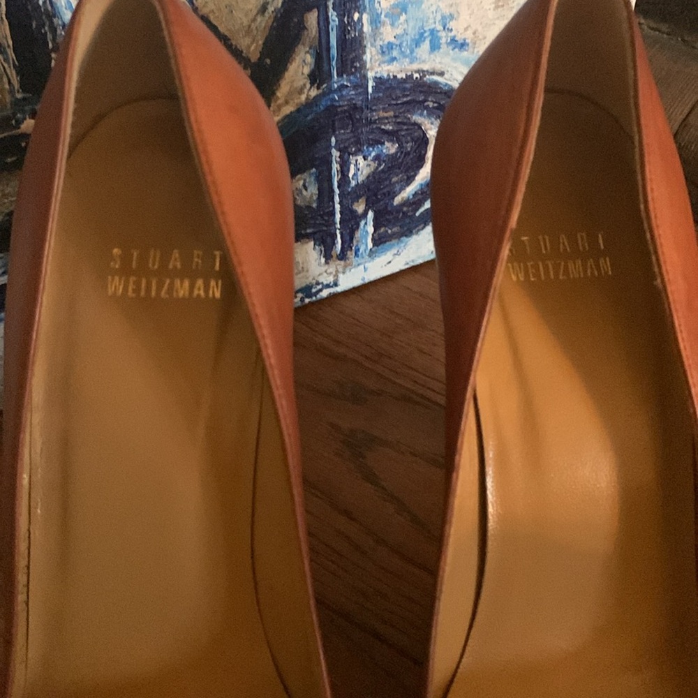 Stuart Weitzman Cognac Brown Leather Wood Stack Platform Heel Sz 8M Peep toe - Picture 2 of 14